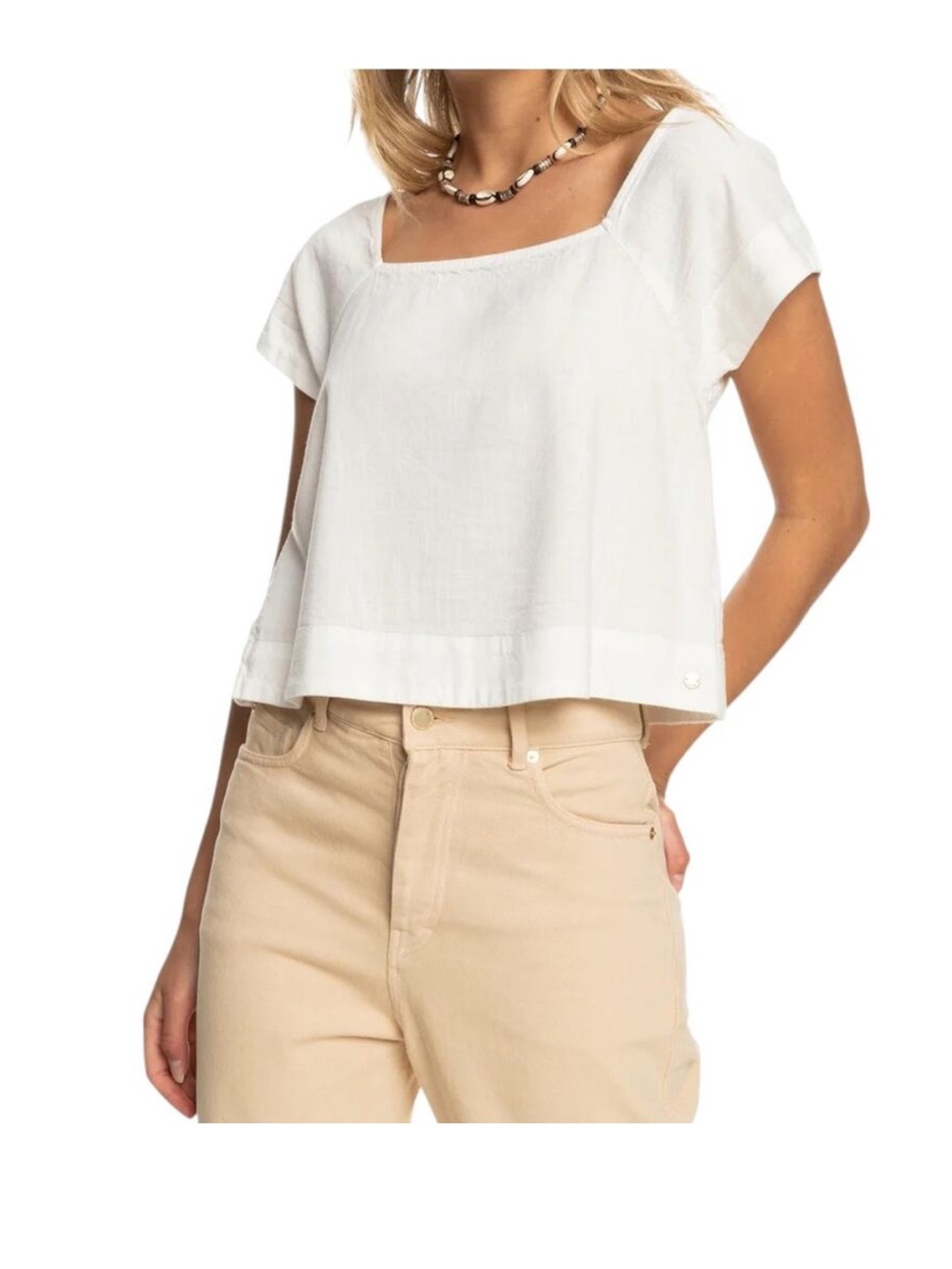 Roxy White Square-Neck Short Sleeve Crop Top Linen Euro Summer Coquette